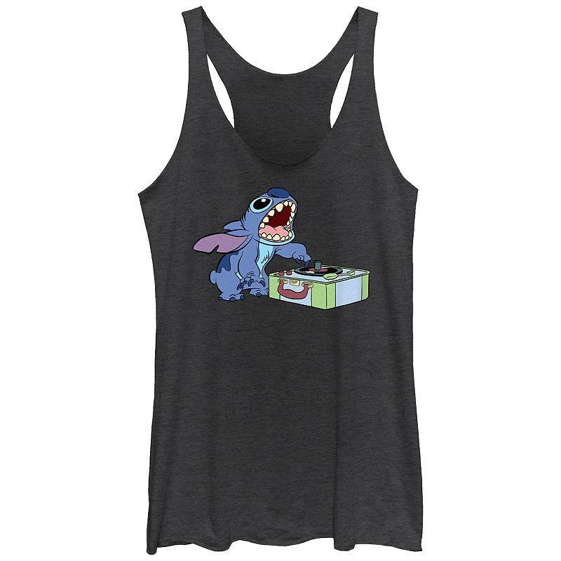 Disneys Lilo & Stitch Womens Record Player Stitch Tri-Blend Racerback Tank Top, Girls Black Grey Product Image