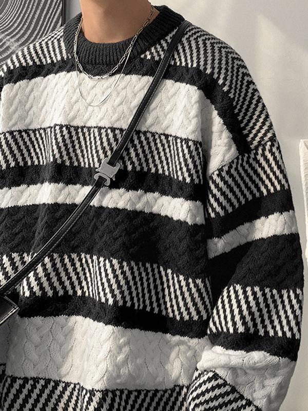 Men's Contrast Color Splice Stripe Crew Neck Sweater Product Image