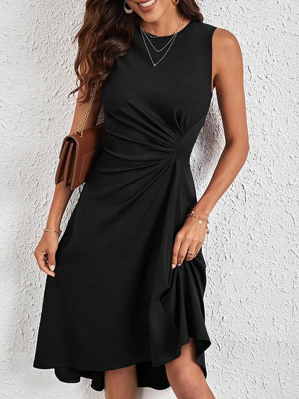 A-Line High Waisted Asymmetric Pleated Solid Color Split-Joint Round-Neck Midi Dresses Product Image