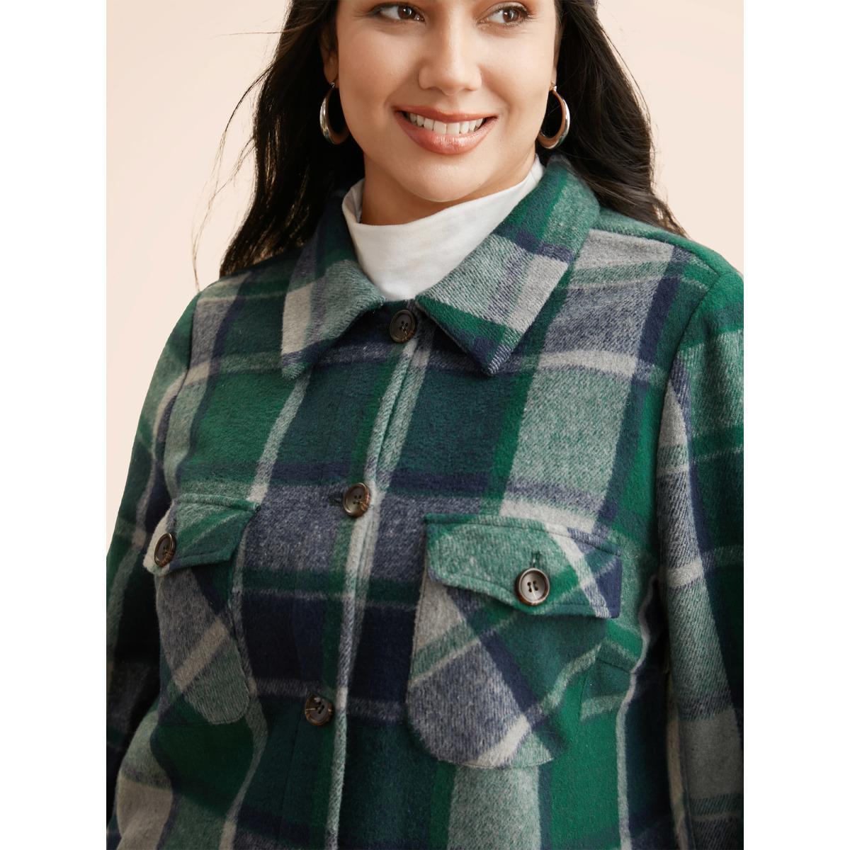 Plus Size Plaid Shirt Collar Patched Pocket Jacket Women DarkGreen Button Loose Slanted pocket Everyday Jackets BloomChic 28/5X Product Image