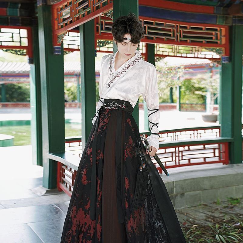 Traditional Chinese Long-Sleeve Top / Sleeveless Top / Maxi A-Line Skirt / Belt / Set Product Image