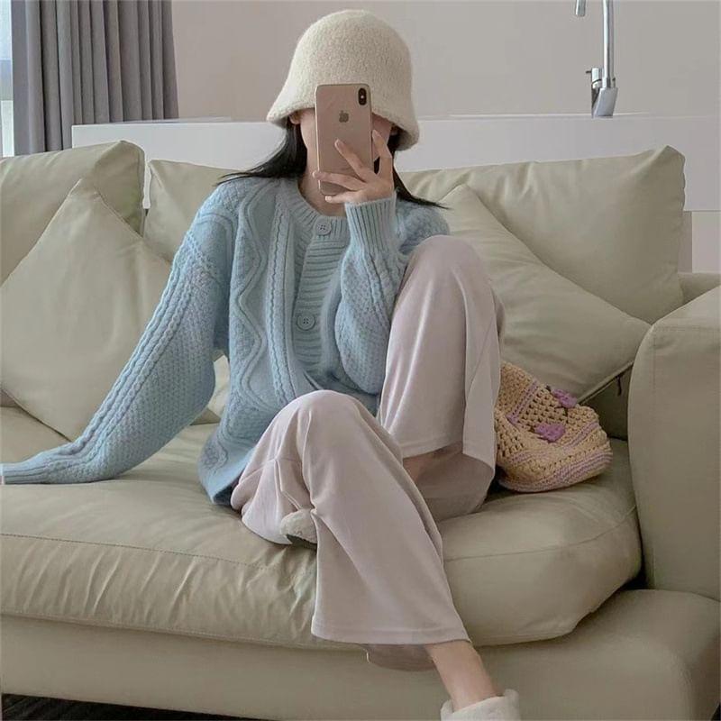 Round Neck Plain Cable-Knit Cardigan Product Image