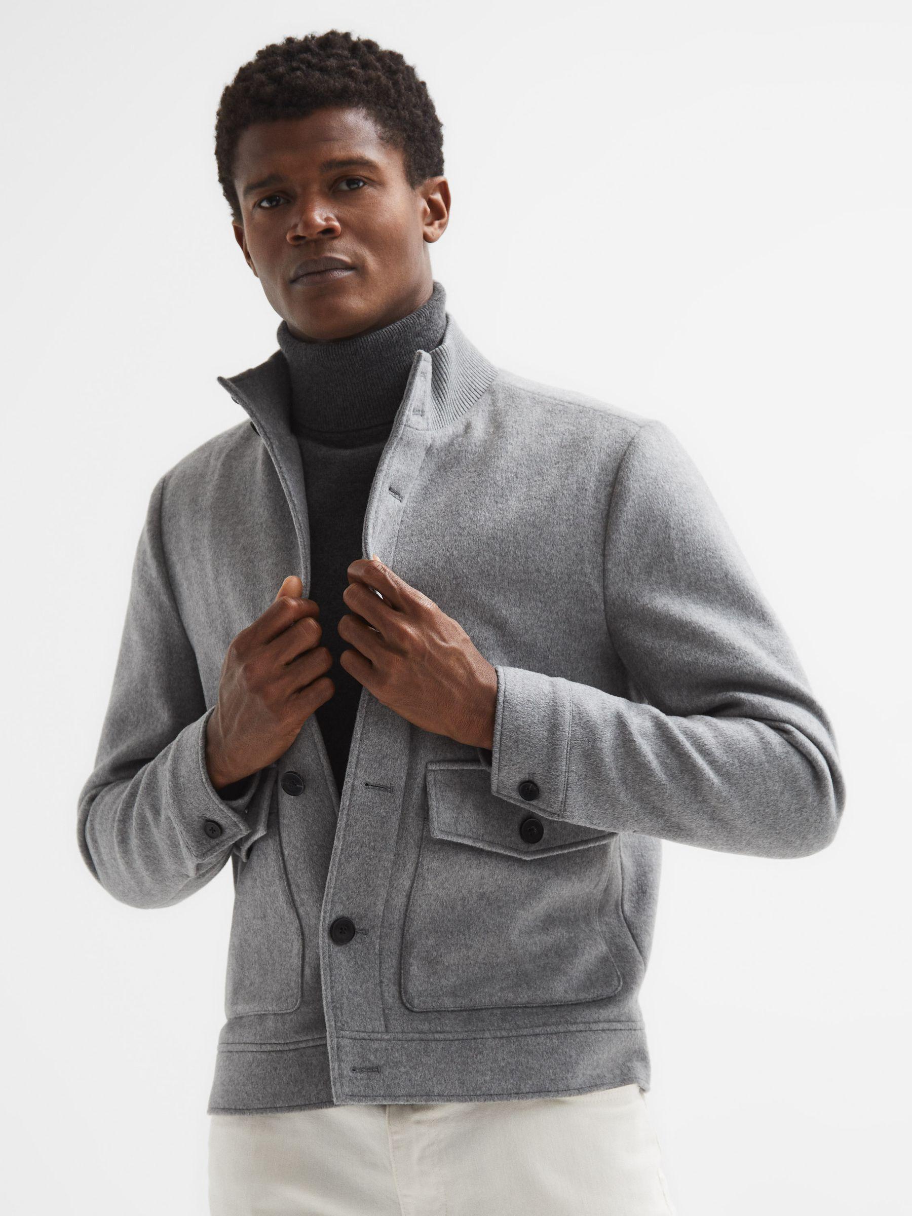 Wool Button-Through Jacket in Soft Grey Product Image