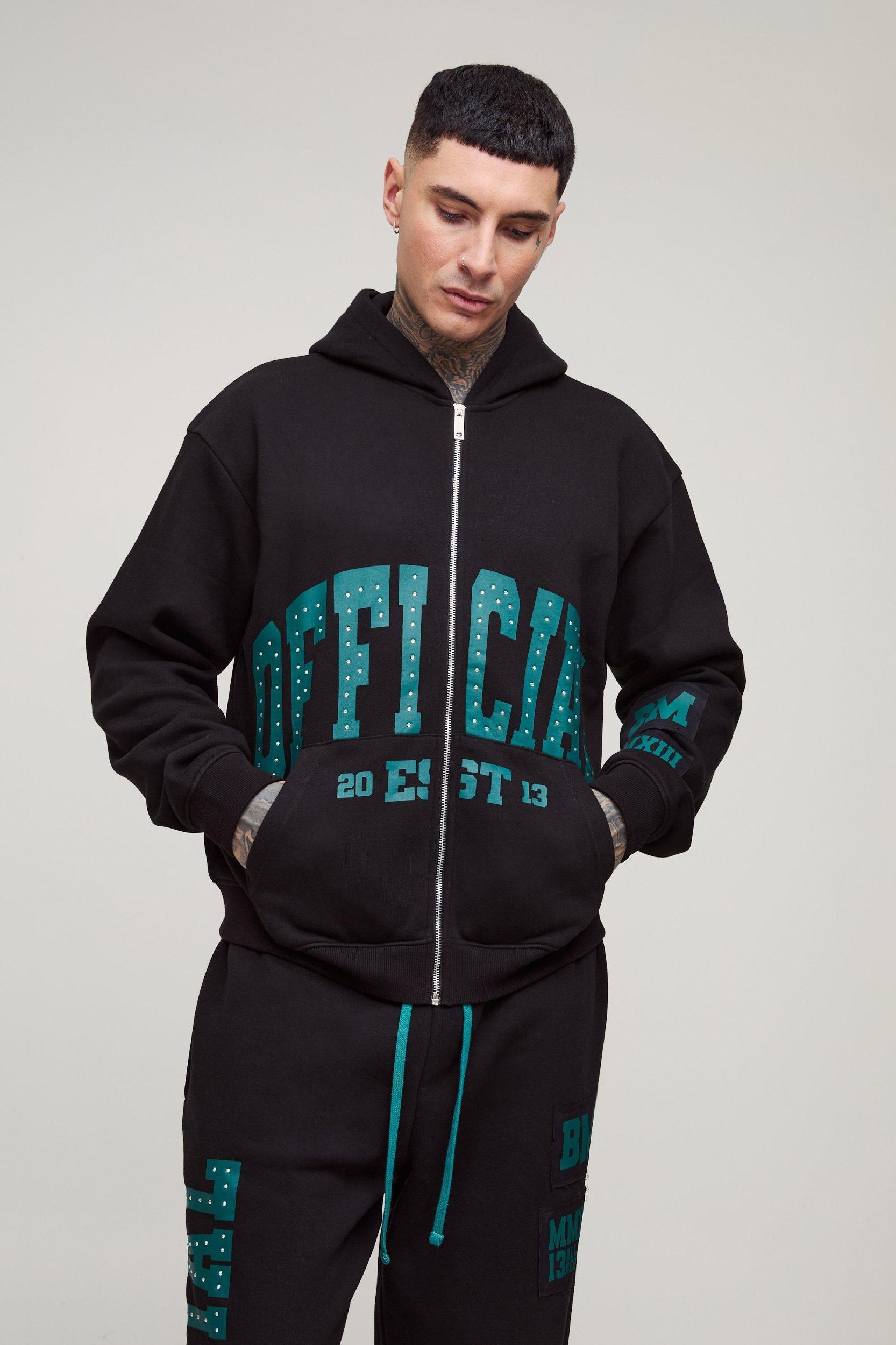 Tall Oversized Boxy Zip Thru Rhinestone Applique Hooded Tracksuit | boohooMAN USA Product Image