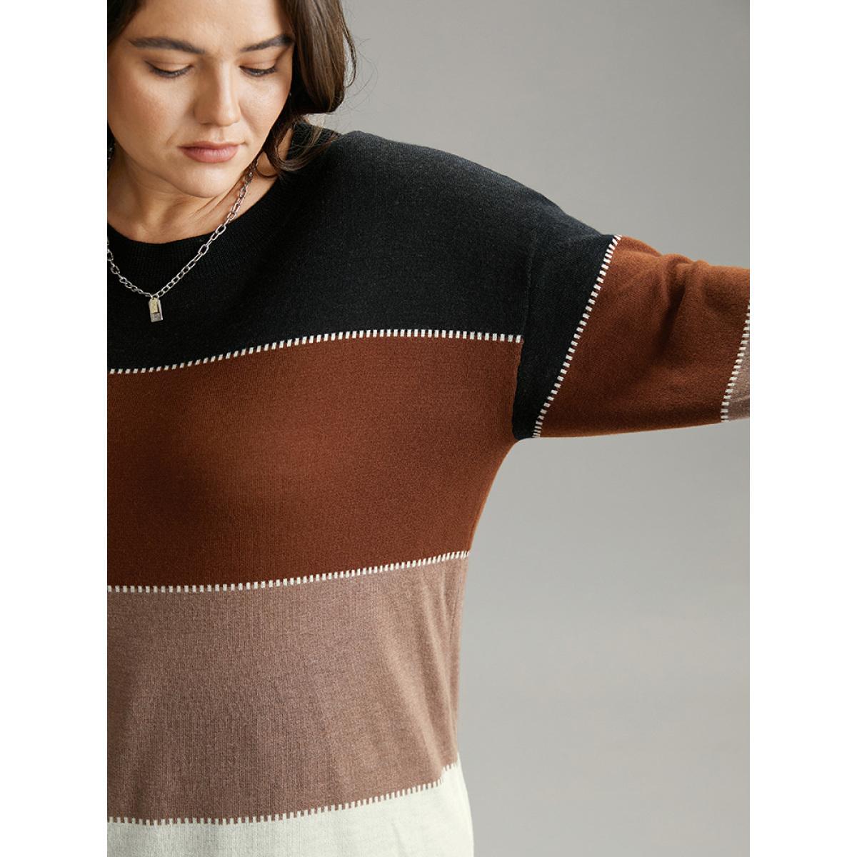 Plus Size Supersoft Essentials Colorblock Contrast Round Neck Pullover Multicolor Women Casual Loose Long Sleeve Round Neck Everyday Pullovers BloomChic 18-20/2X Product Image