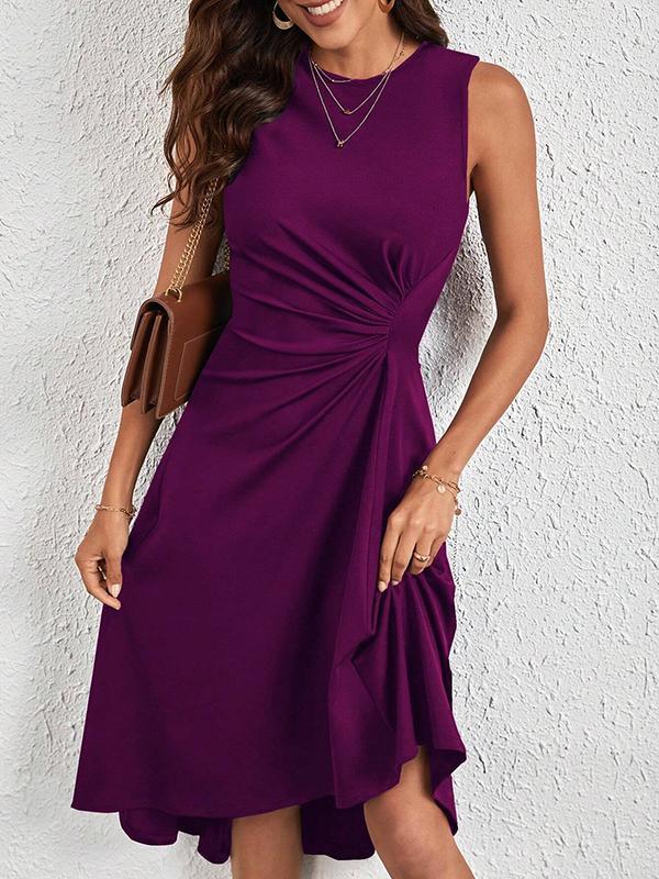 A-Line High Waisted Asymmetric Pleated Solid Color Split-Joint Round-Neck Midi Dresses Product Image