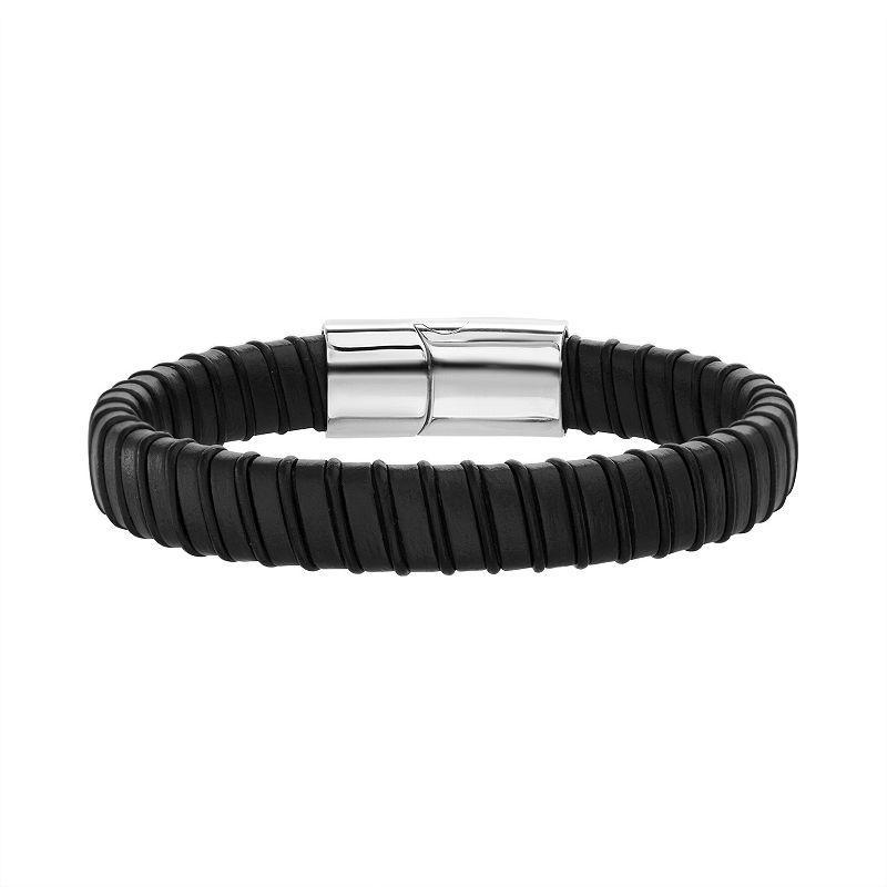 1913 Mens Black & Brown Ribbed Vegan Leather Bracelet with Stainless Steel Closure Product Image