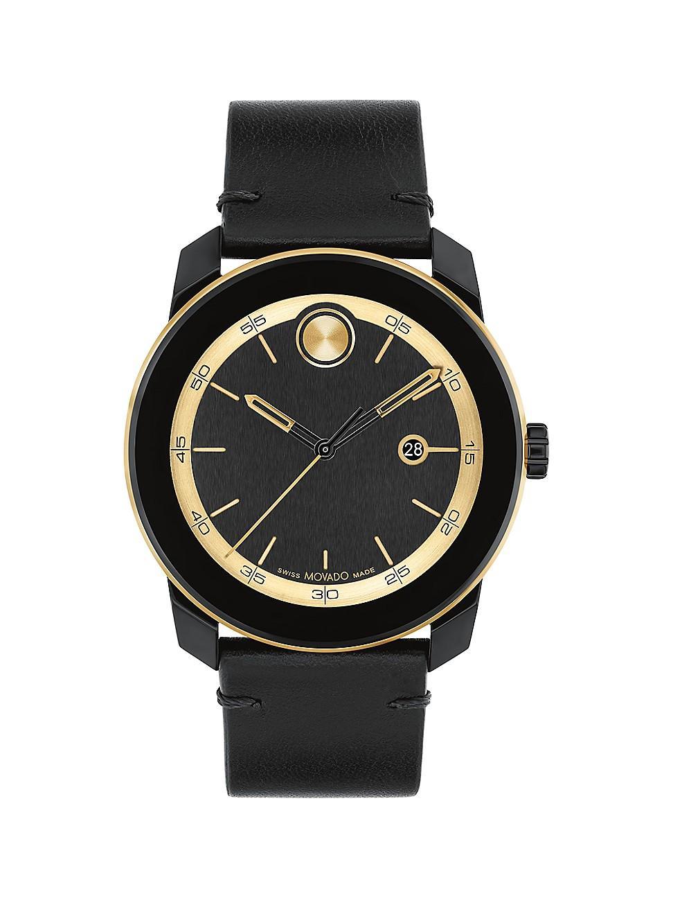 Movado Bold Mens TR90 Quartz Analog Gold Tone Black Leather Strap Watch Product Image