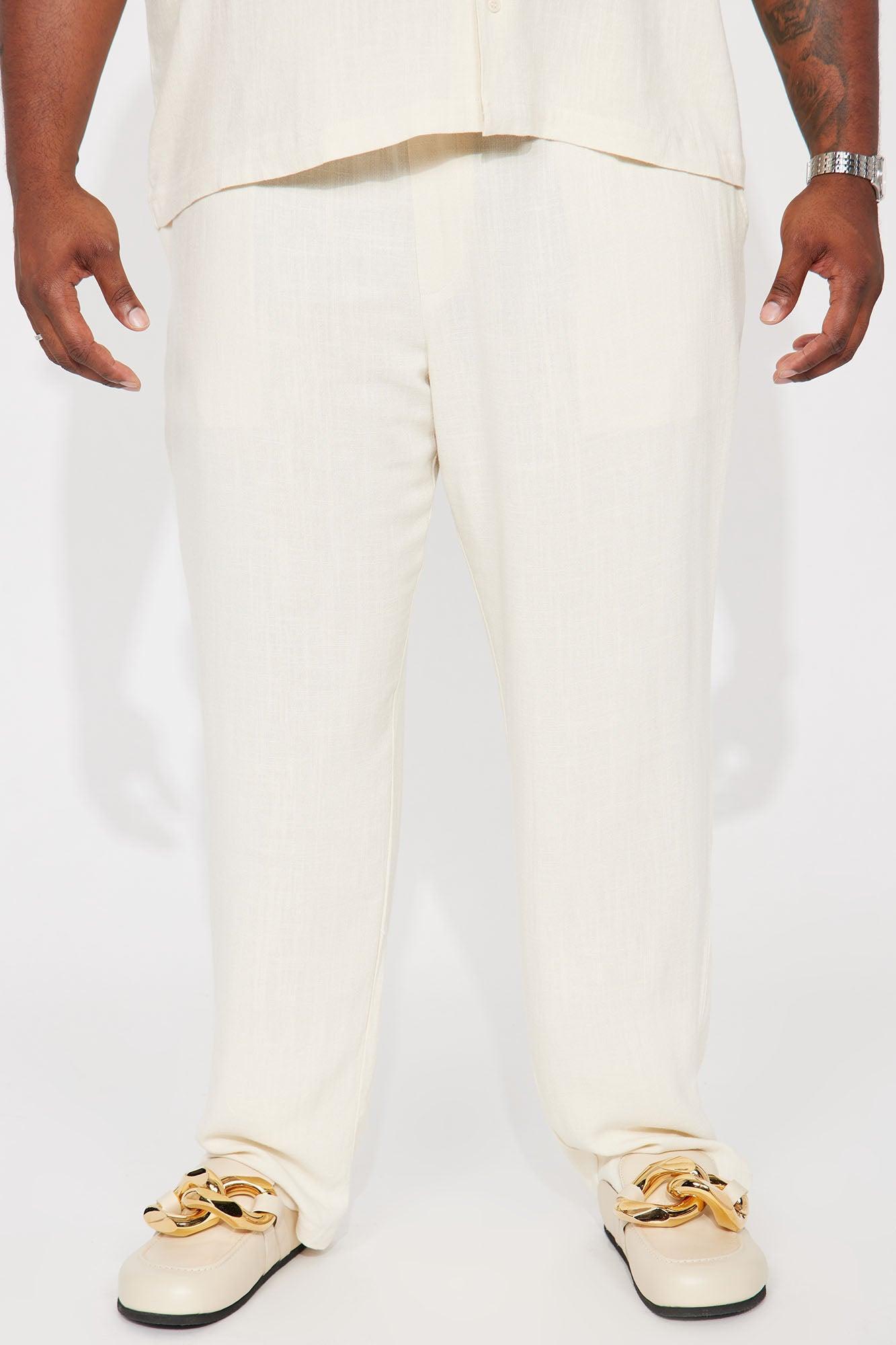 Solid Textured Linen Pull On Side Slit Pants - Cream Product Image