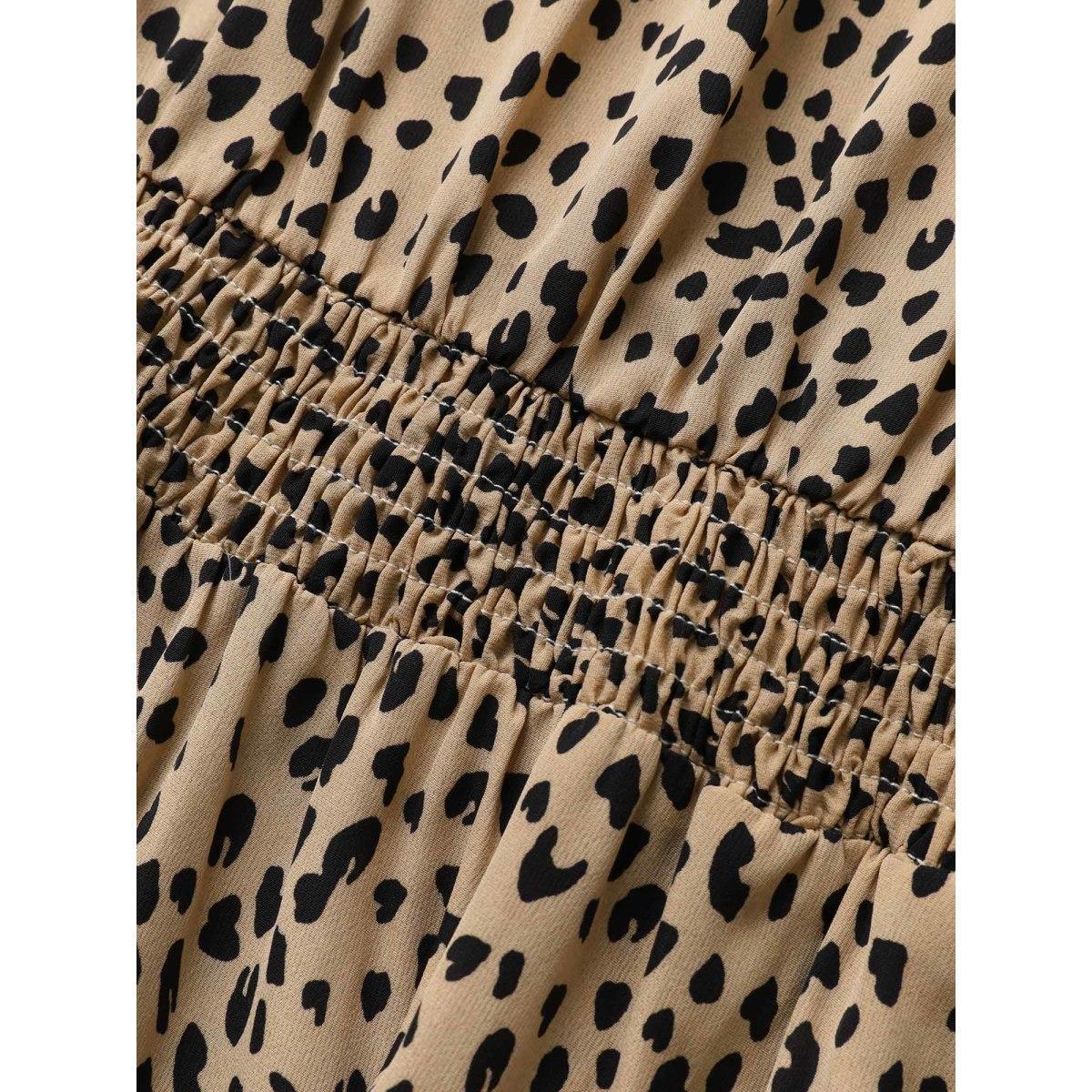 Plus Size Leopard Print Frill Trim Cap Sleeve Dress Bronze Women At the Office Round Neck Cap Sleeve Curvy BloomChic 26/4X Product Image