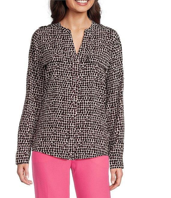 Calvin Klein Crew Neck Printed Roll Sleeve Button Front Blouse Product Image
