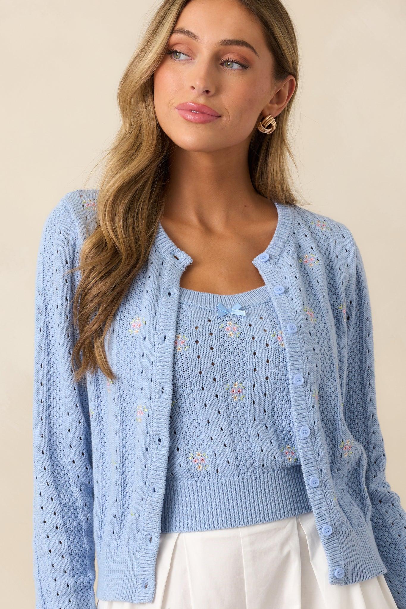 Under the Hibiscus Cotton Sky Blue Knit Floral Embroidered Tank Top Product Image