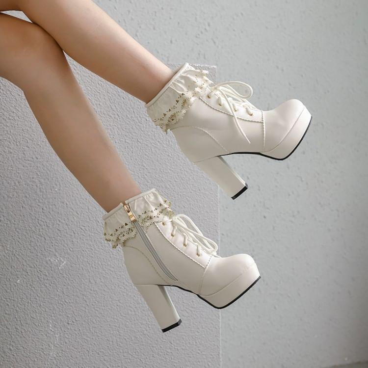 Block Heel Frill Trim Lace-Up Shoes Product Image