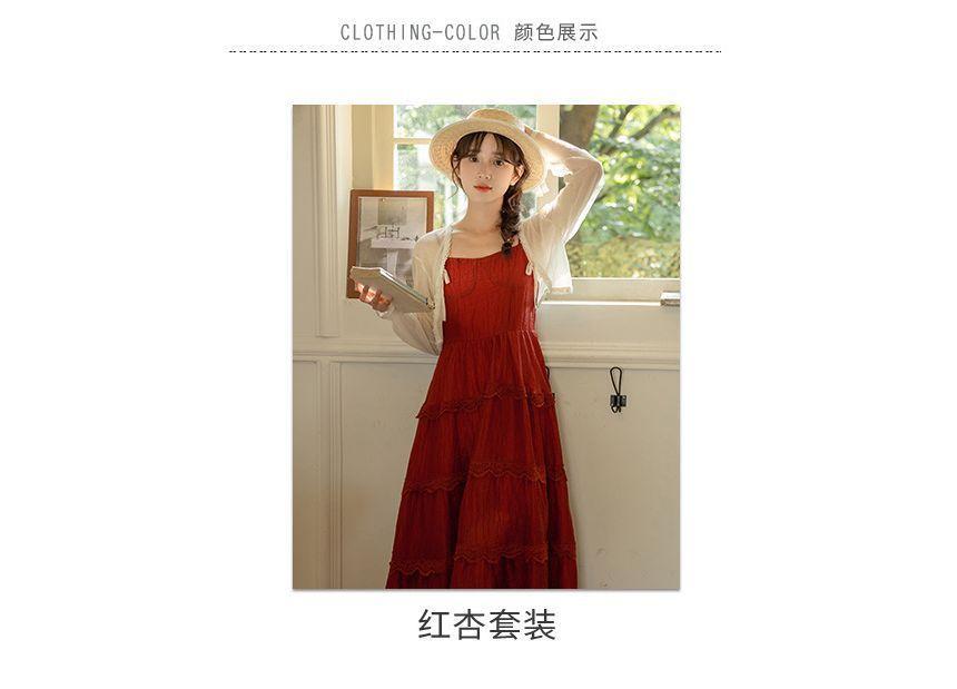 Spaghetti Strap Plain Tiered Midi A-Line Dress / Crop Cardigan Product Image