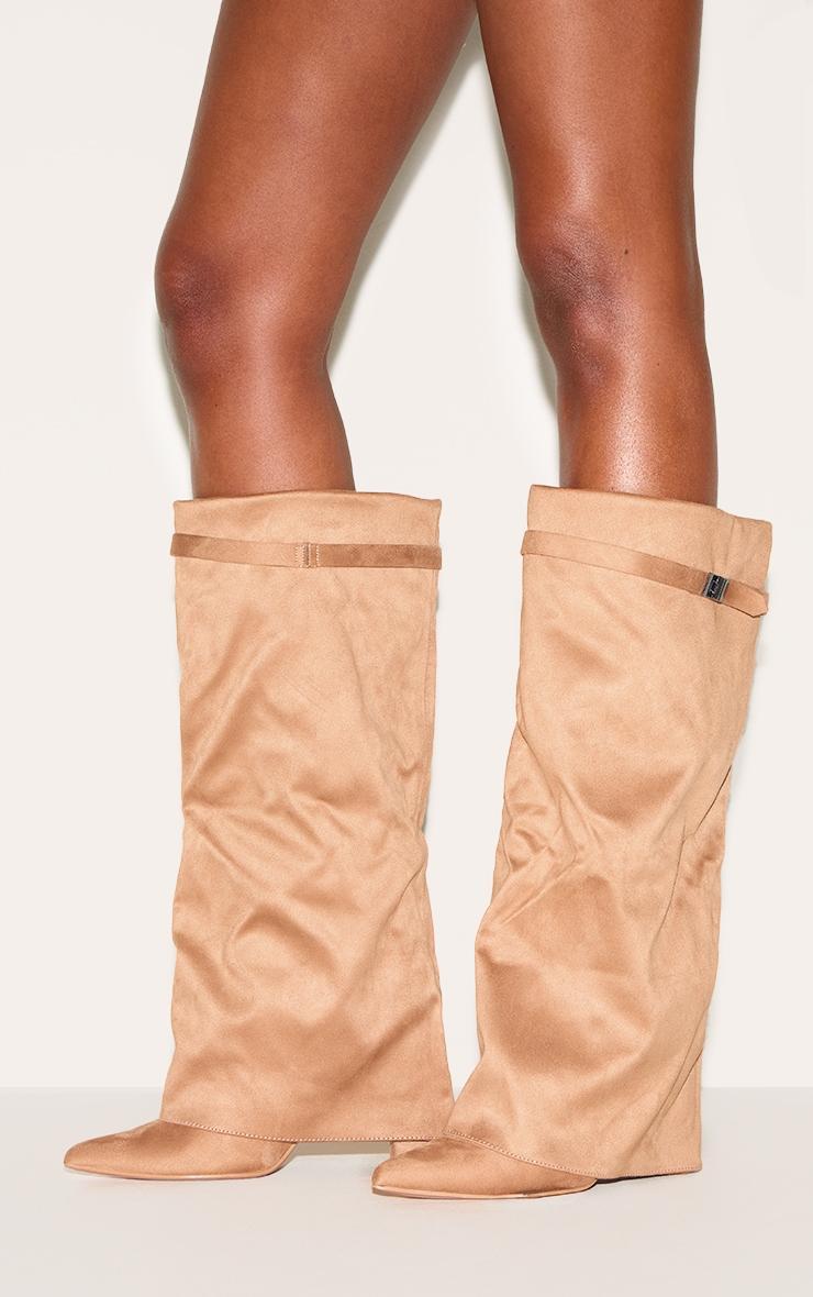 Camel Faux Suede Point Toe Fold Over Knee Block Heeled Boots Product Image