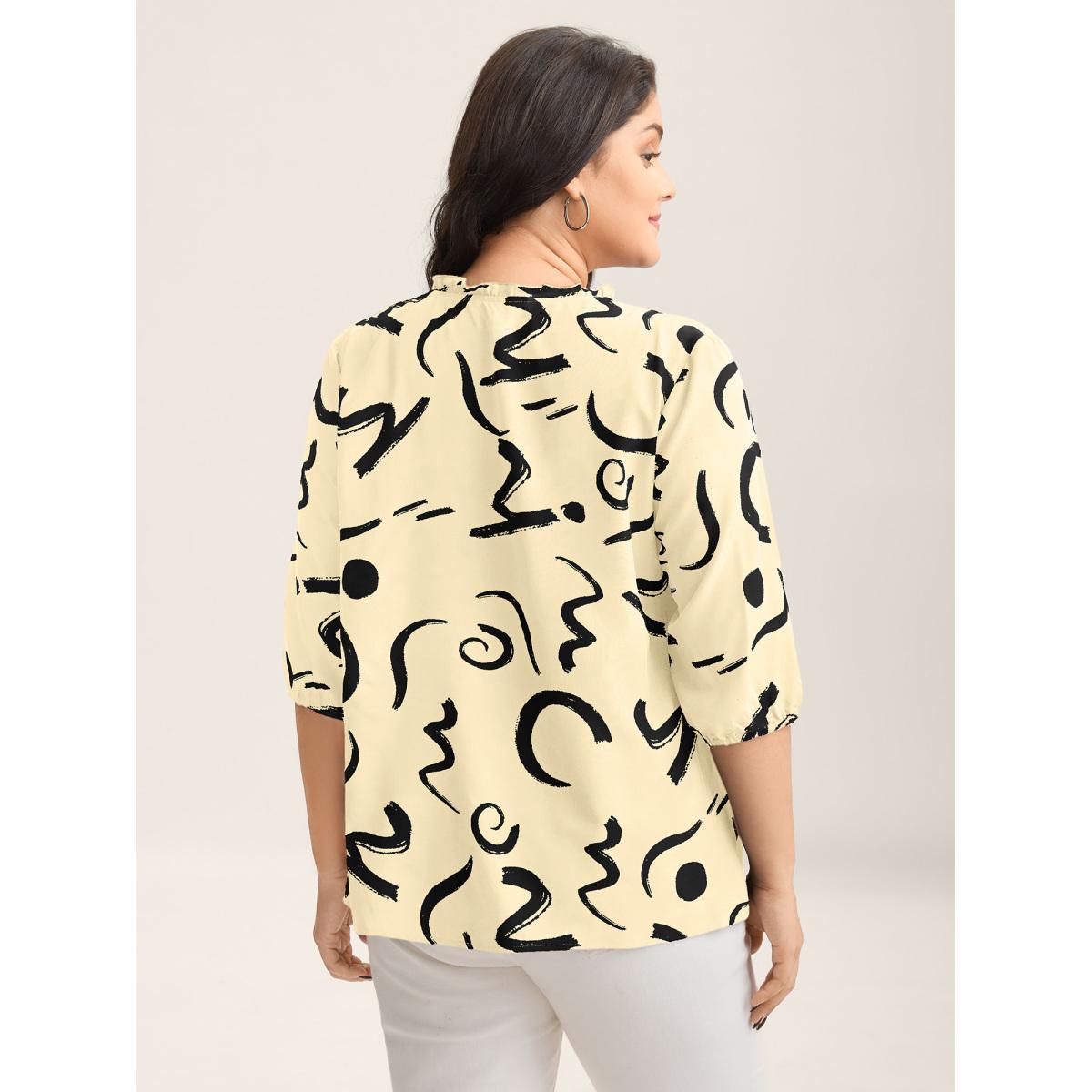 Plus Size Beige Scribble Print Ruffled Split Neck Blouse Women Office Elbow-length sleeve Notched collar Office Blouses BloomChic 22-24/3X Product Image