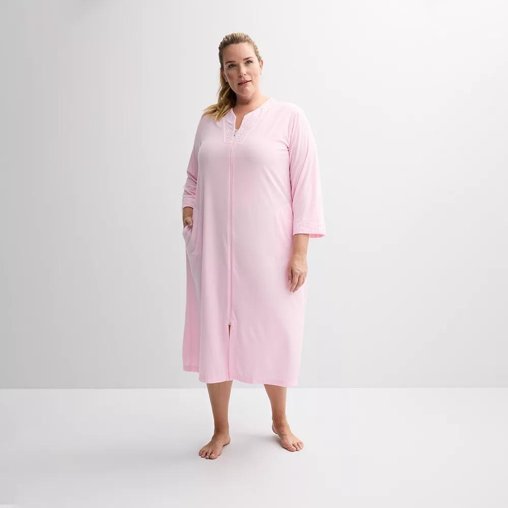 Plus Size Miss Elaine Essentials Terry Long Zip Robe, Women's, Size: 1XL, Pink Product Image