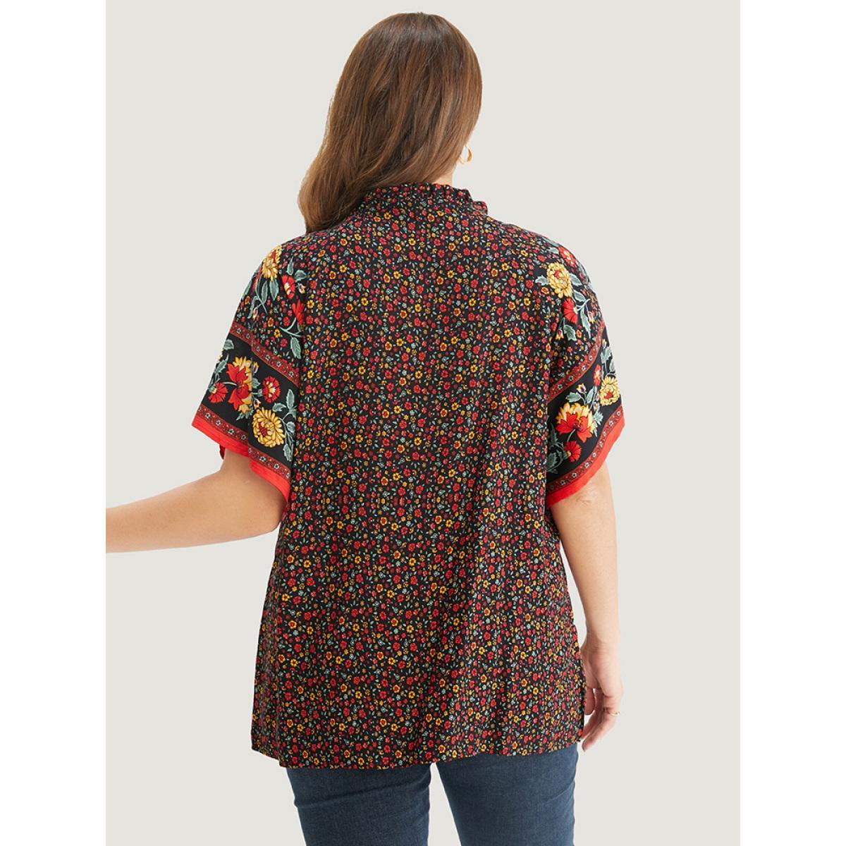 Plus Size Black Ditsy Floral Tie Neck Ruffles Raglan Sleeve Blouse Women Vacation Short sleeve V-neck Dailywear Blouses BloomChic 14-16/1X Product Image