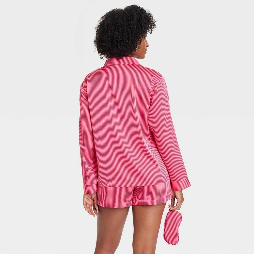 Women's Striped 3pc Satin Long Sleeve Top and Shorts Pajama Set with Eye Mask - Auden™ Red M Product Image