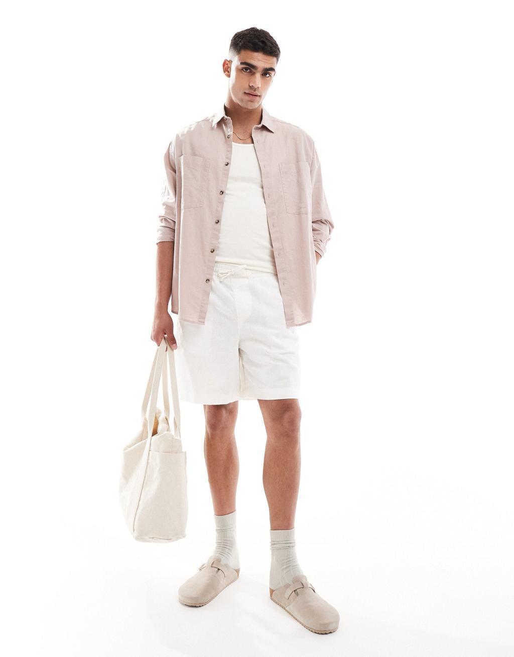 ASOS DESIGN 90s oversized linen blend shirt with square collar in dusty pink Product Image