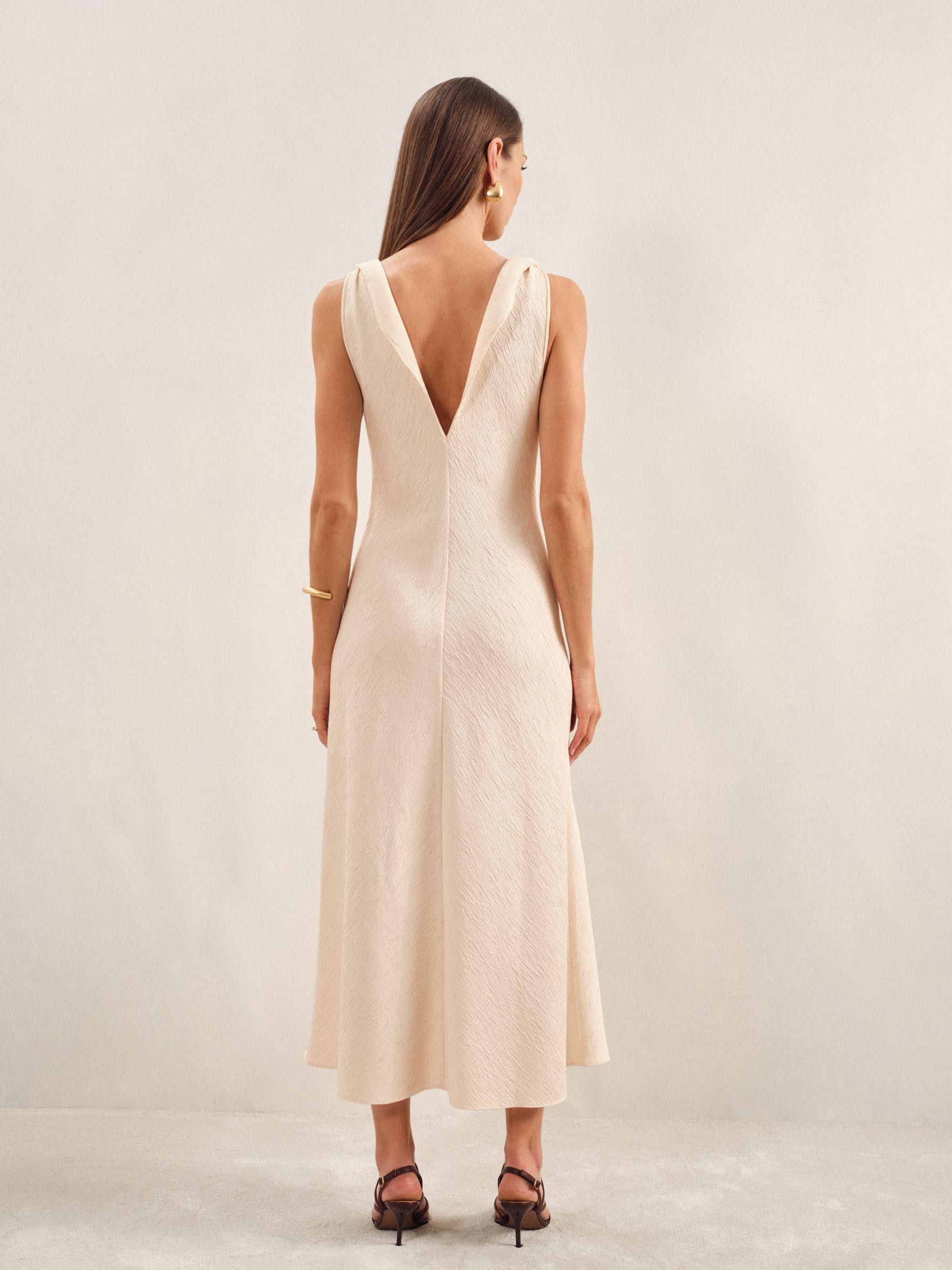 Textured Drape-Neck Midi Dress in Cream Product Image