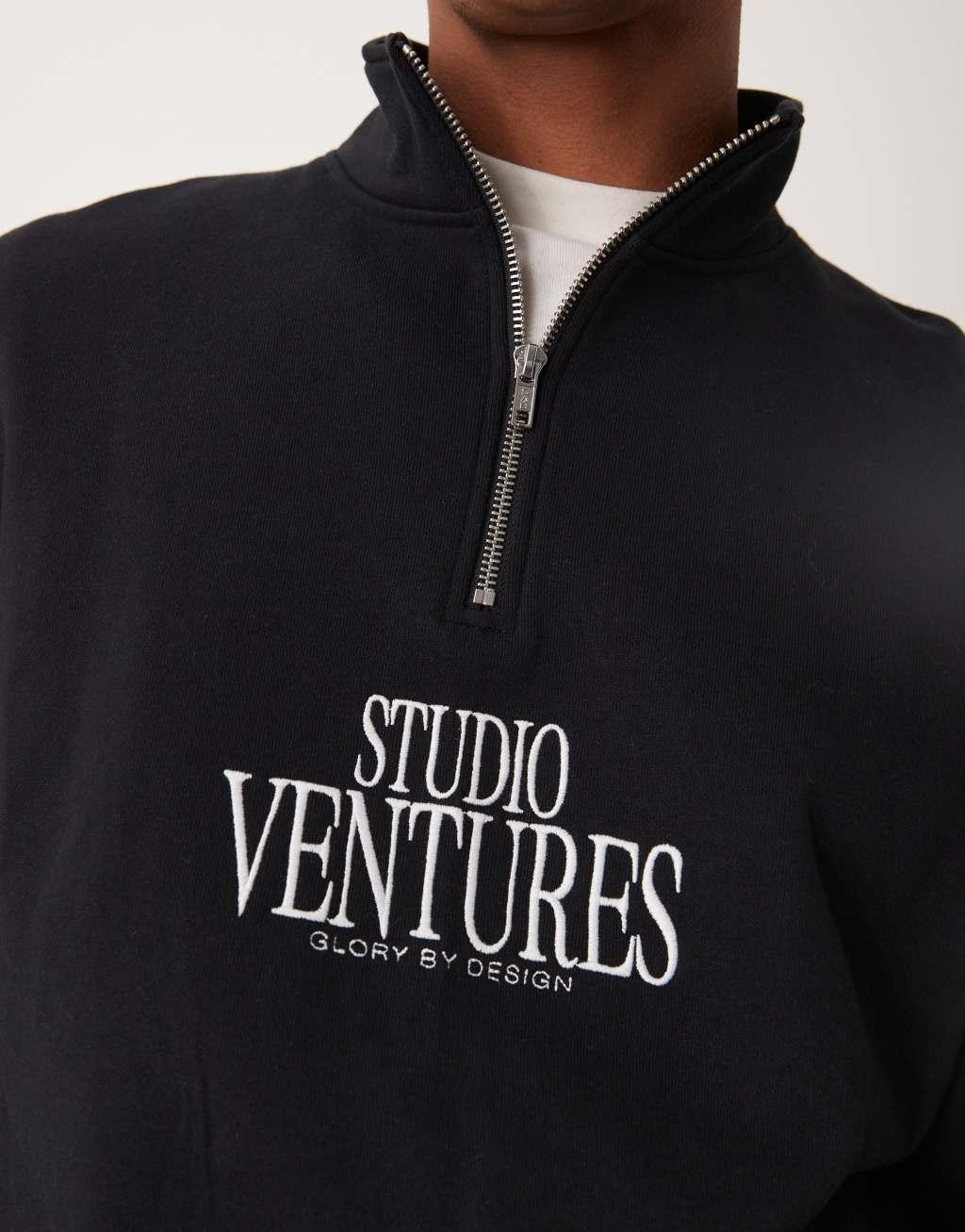 ASOS DESIGN boxy oversized funnel neck sweatshirt with chest print in black Product Image