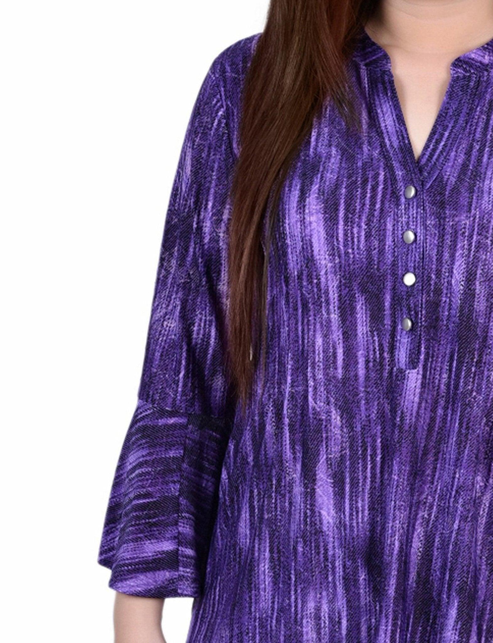 Purple Stripe 3/4 Bell Sleeve Pleat Front Y Neck Top Product Image