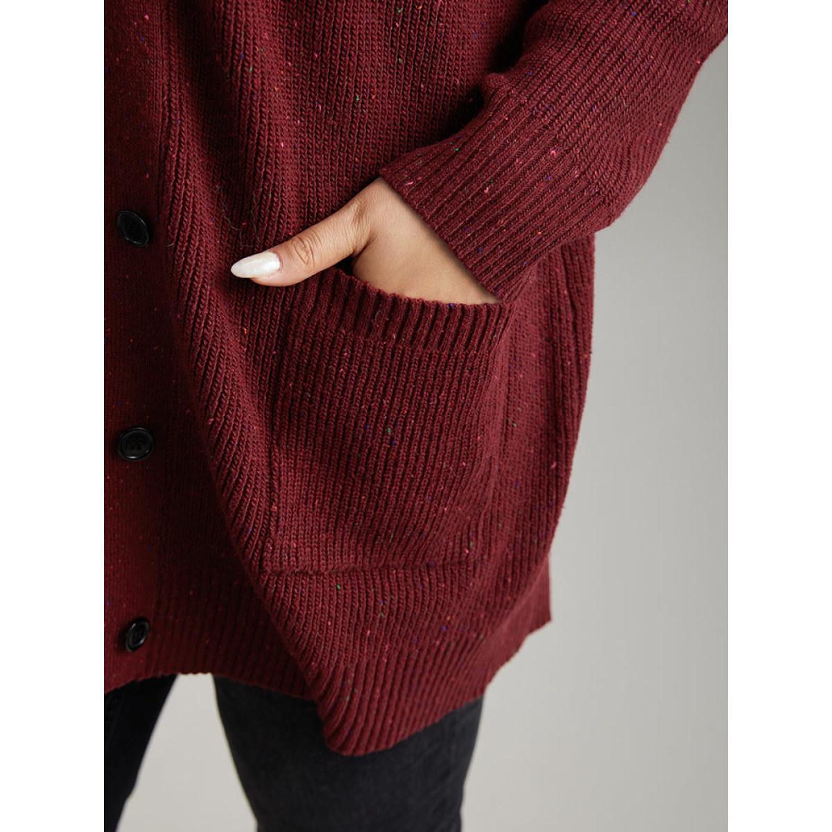 Plus Size Plisse Plain Button Fly Patched Pocket Cardigan Scarlet Women Casual Loose Long Sleeve Everyday Cardigans BloomChic 26/4X Product Image