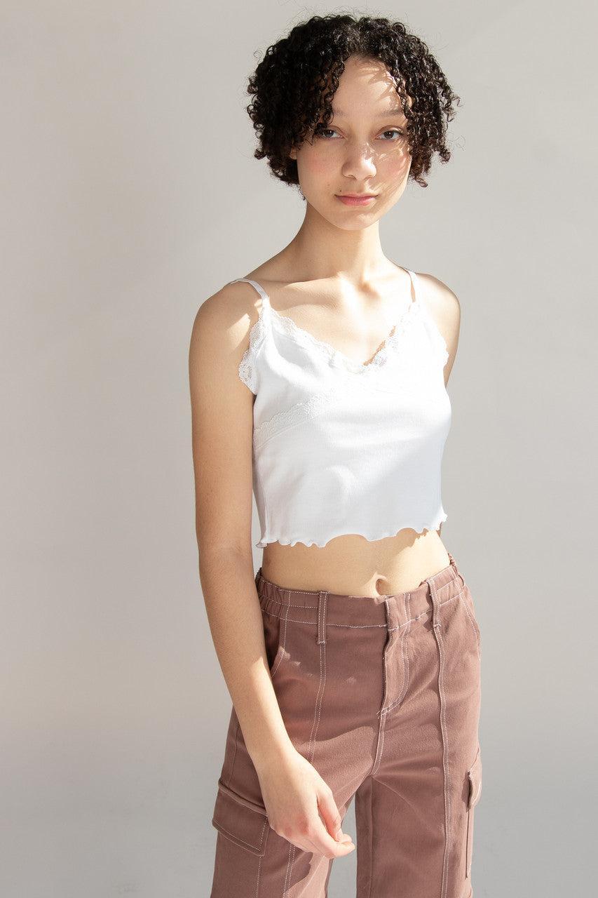 White Lace Trim Ribbed Crop Cami Product Image