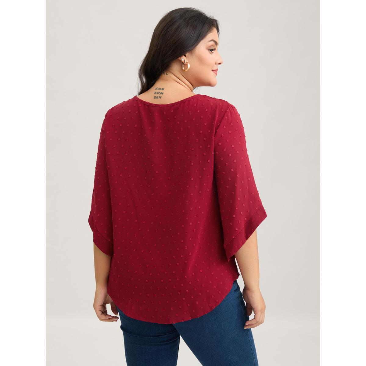 Plus Size Deepred Textured Round Neck Bell Sleeve Blouse Women Timeless Elbow-length sleeve Round Neck Elegant Blouses BloomChic 18-20/2X Product Image