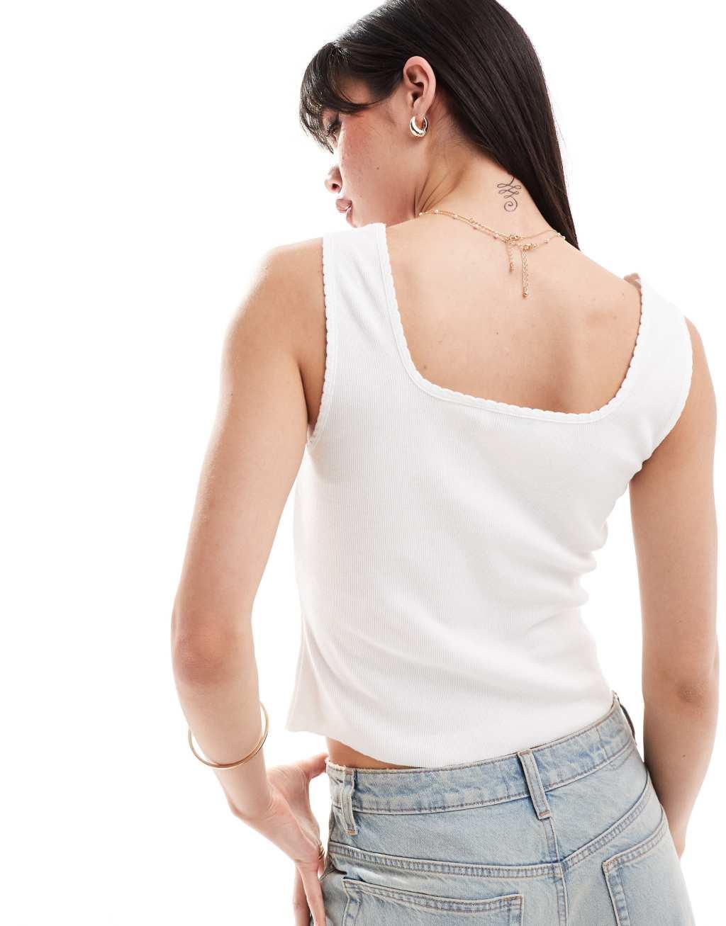 ASOS DESIGN square neck lace trim tank top in white Product Image