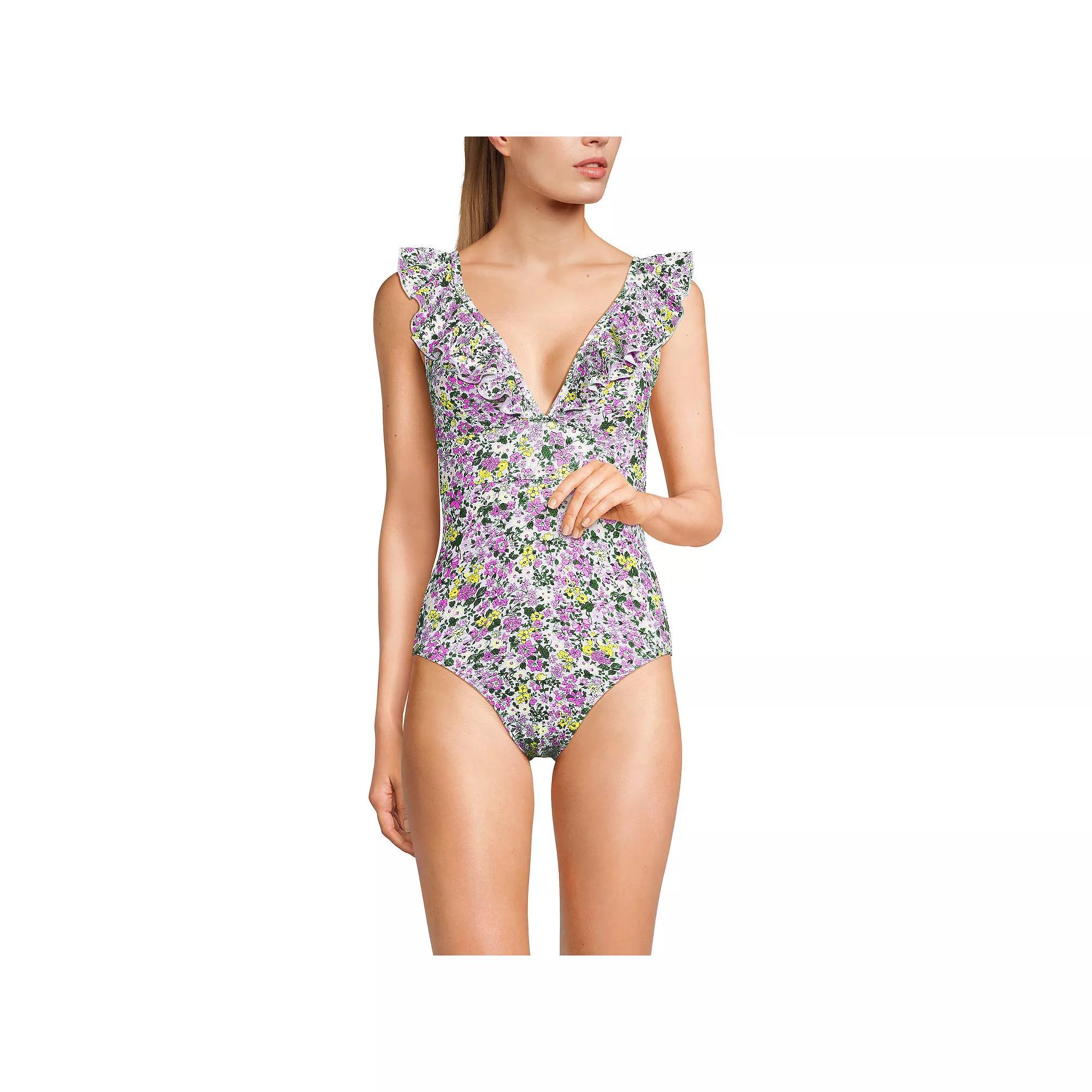 Women's Lands' End Pique Ruffle One-Piece Swimsuit, Size: 8, White Ditsy Floral Product Image