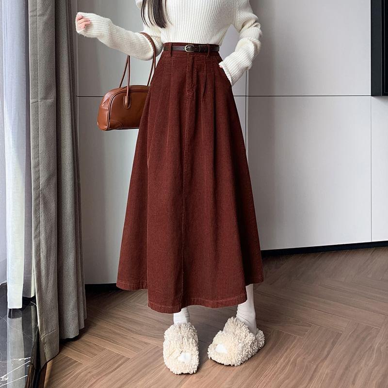 High Waist Corduroy Midi A-Line Skirt Product Image