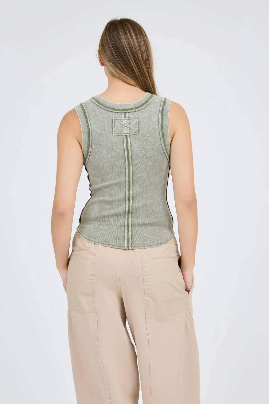 Washed Sleeveless Henley Knit Tank Top Product Image