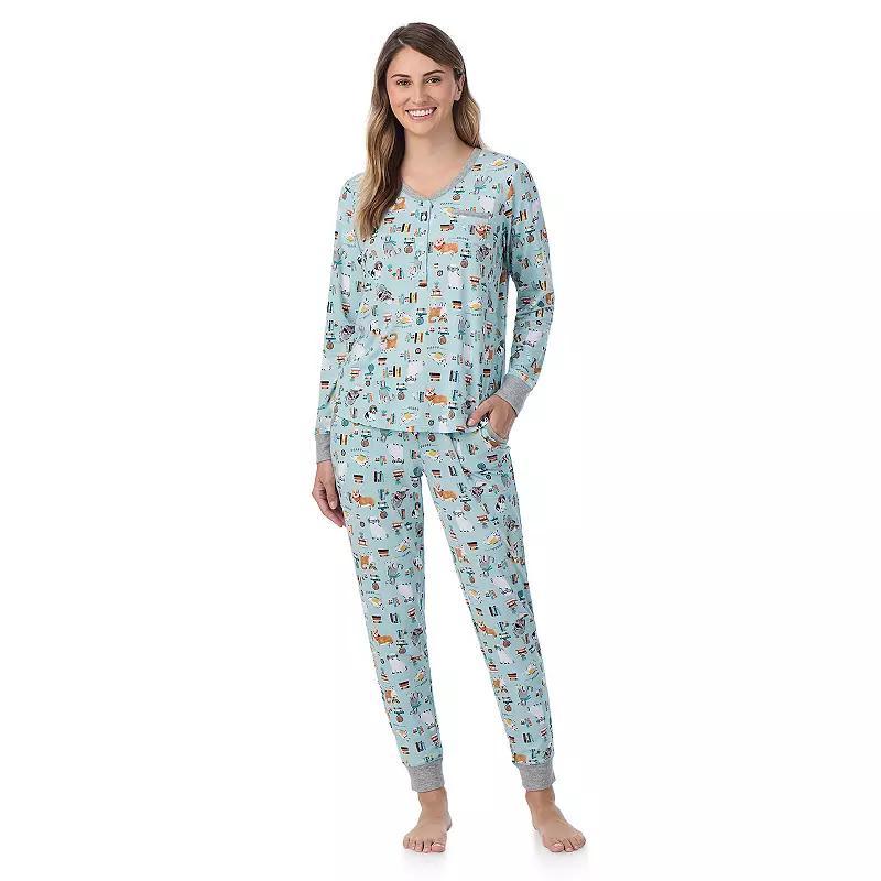 Womens Cuddl Duds Cozy Long Sleeve Henley Pajama Top and Pajama Pants Set Green Dogs Product Image