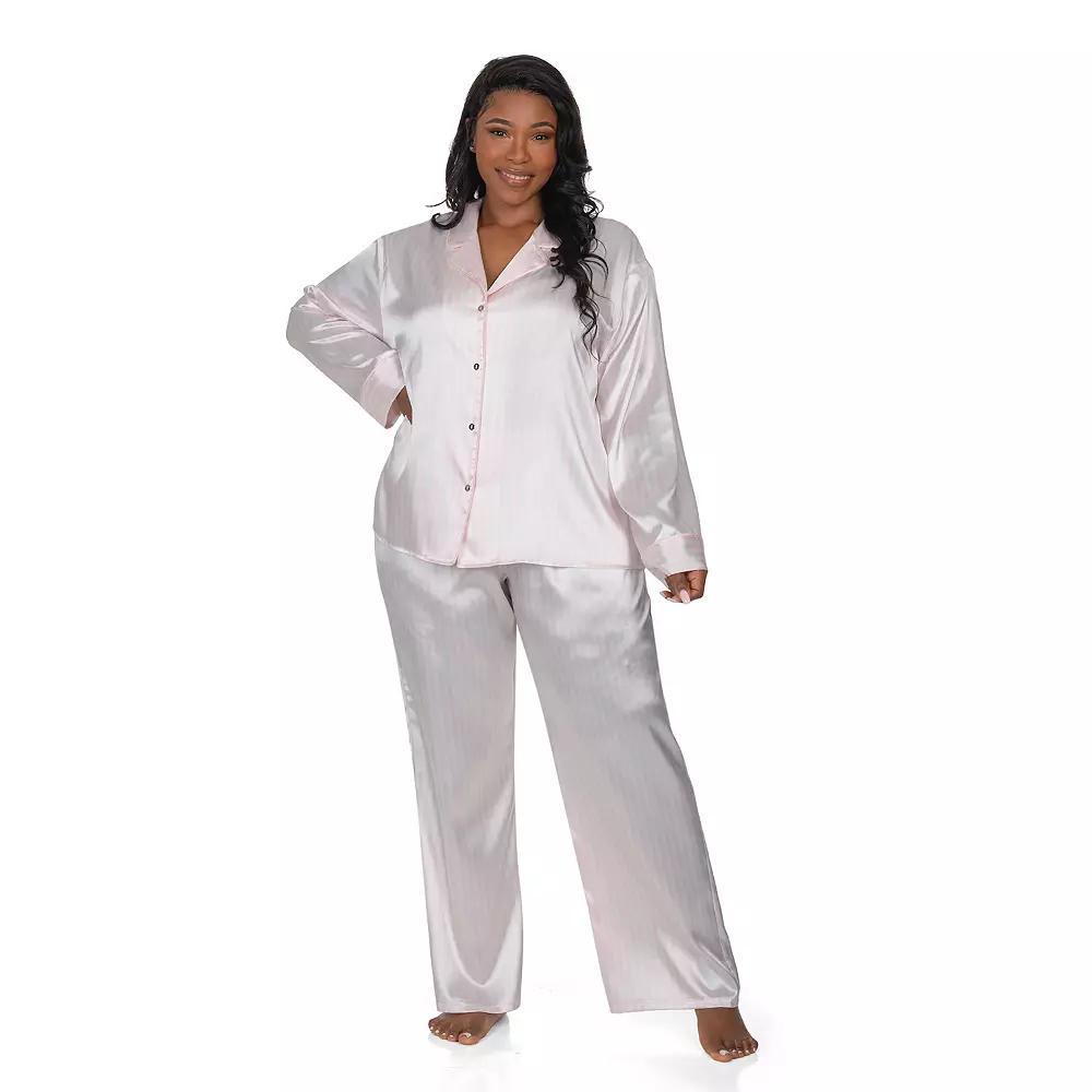 Plus Size Lilac+London Satin Notch Collar Pajama Top & Pajama Bottoms Set, Women's, Size: 3XL, Ivory Pink Product Image