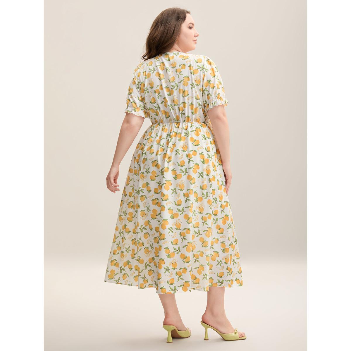Plus Size Lemon Print Surplice Stretchy Waist Midi Dress Ivory Women Elegant Overlapping Overlap Collar Short sleeve Curvy BloomChic 18-20/2X Product Image