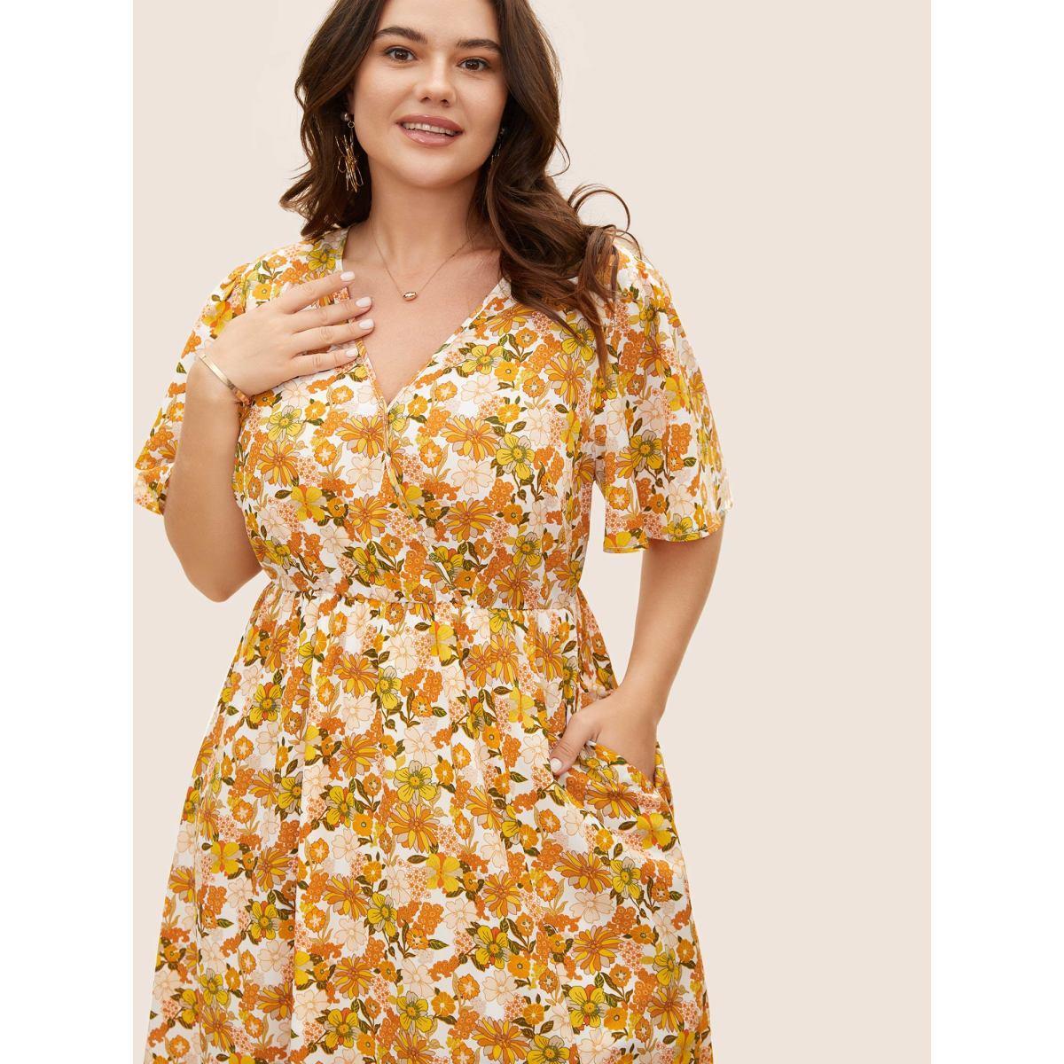 Plus Size Overlap Collar Floral Elastic Waist Midi Dress Multicolor Women Elegant Non Overlap Collar Short sleeve Curvy BloomChic 12/L Product Image