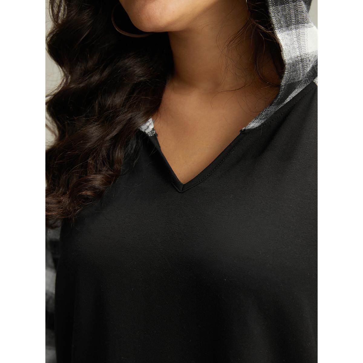 Plus Size Plaid Print Hooded Patchwork Sweatshirt Women Black Casual Patchwork Hooded Everyday Sweatshirts BloomChic 28/5X Product Image