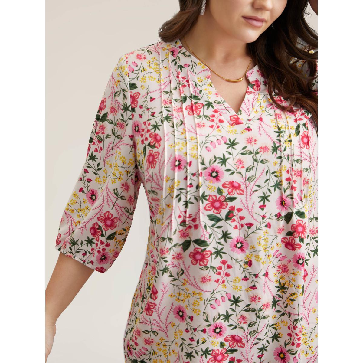 Plus Size LightBlue Floral Print Notched Collar Shirt Women Timeless Elbow-length sleeve Notched collar Elegant Blouses BloomChic 14-16/1X Product Image