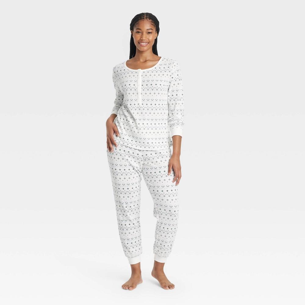 Women's Thermal Long Sleeve Henley Top and Jogger Pants Pajama Set - Auden™ Cream XL Product Image