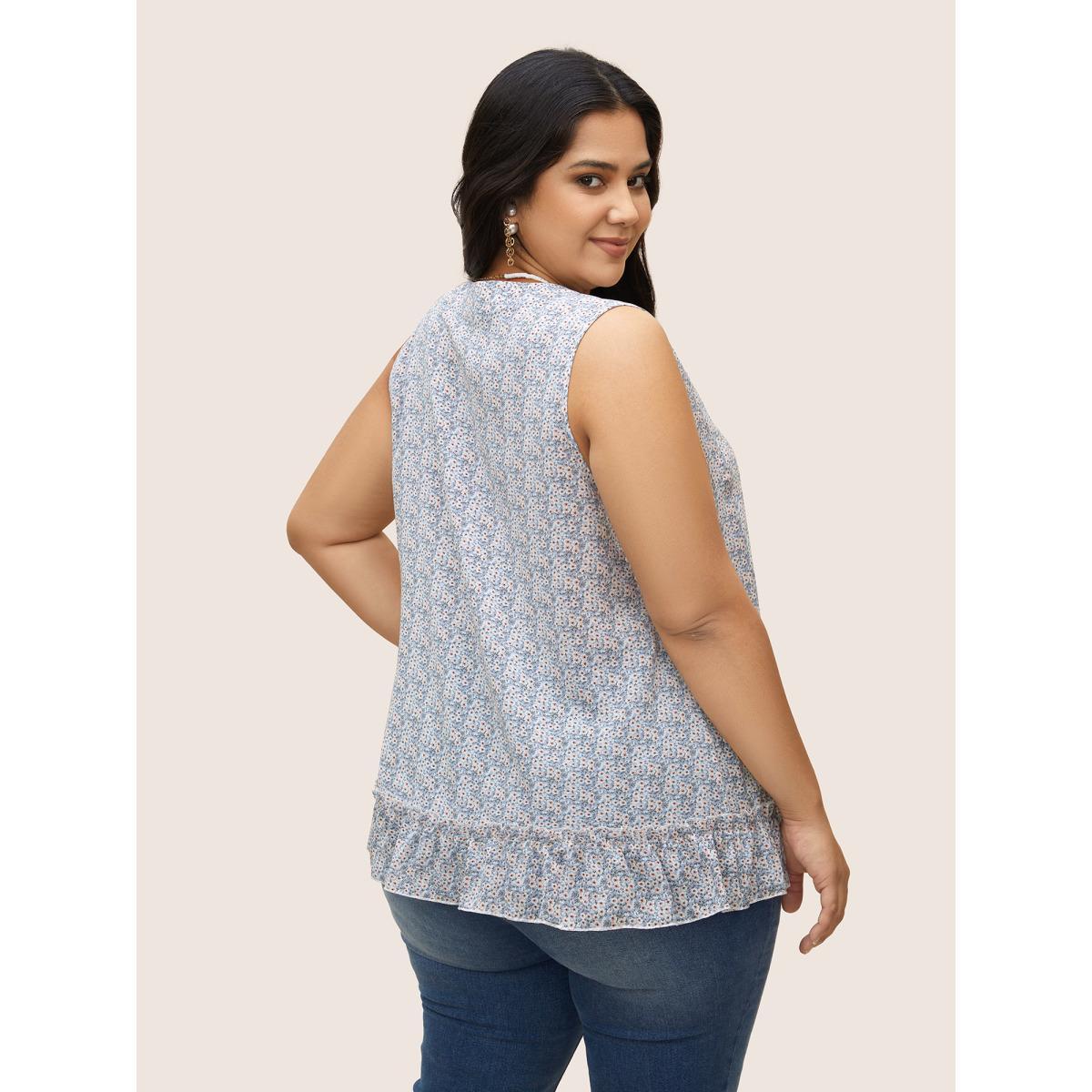 Plus Size Ditsy Floral Patchwork Ruffle Hem Tank Top Women Stone Elegant Frill Trim Notched collar Everyday Tank Tops Camis BloomChic 10/M Product Image