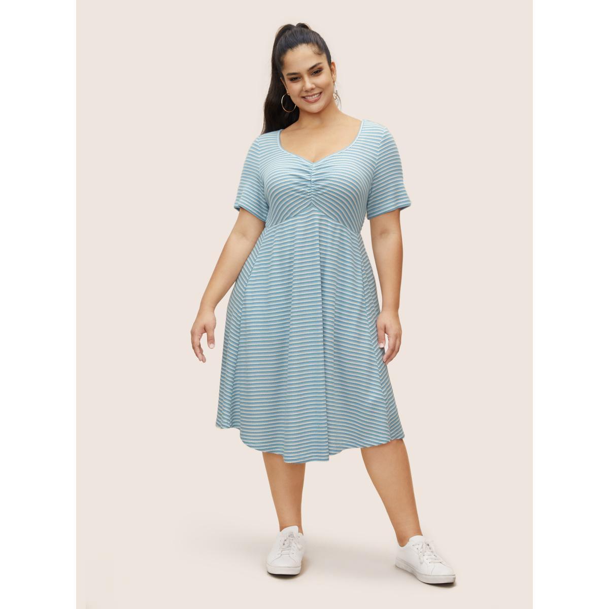 Plus Size Stripes Waffle Knit Ruched Pocket Dress LightBlue Women Casual Gathered Heart neckline Short sleeve Curvy BloomChic 18-20/2X Product Image