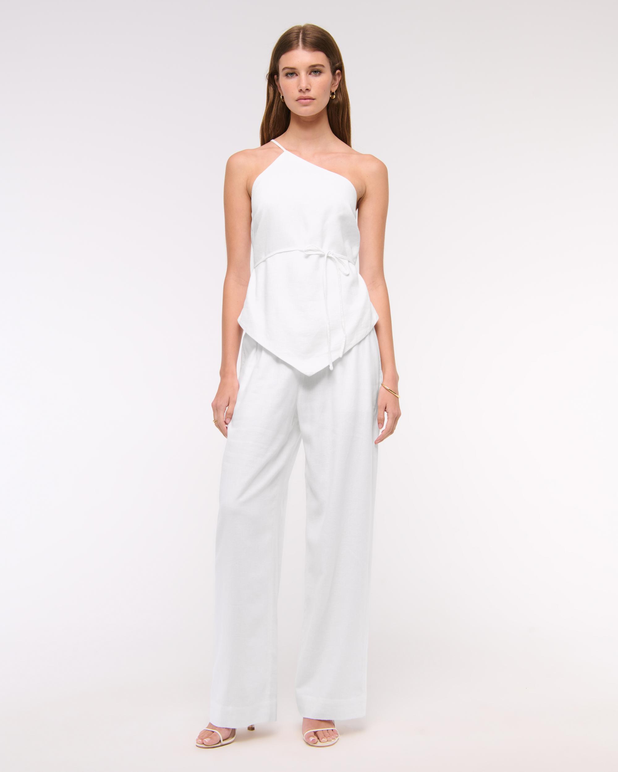 One-Shoulder Asymmetrical Linen-Blend Top Product Image