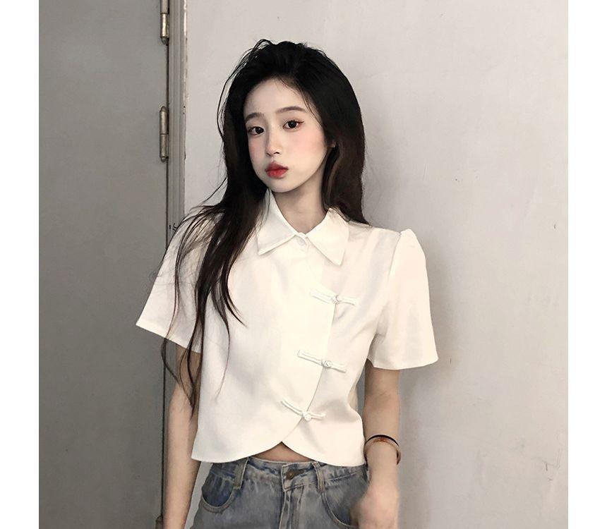 Short-Sleeve Collared Plain Blouse Product Image