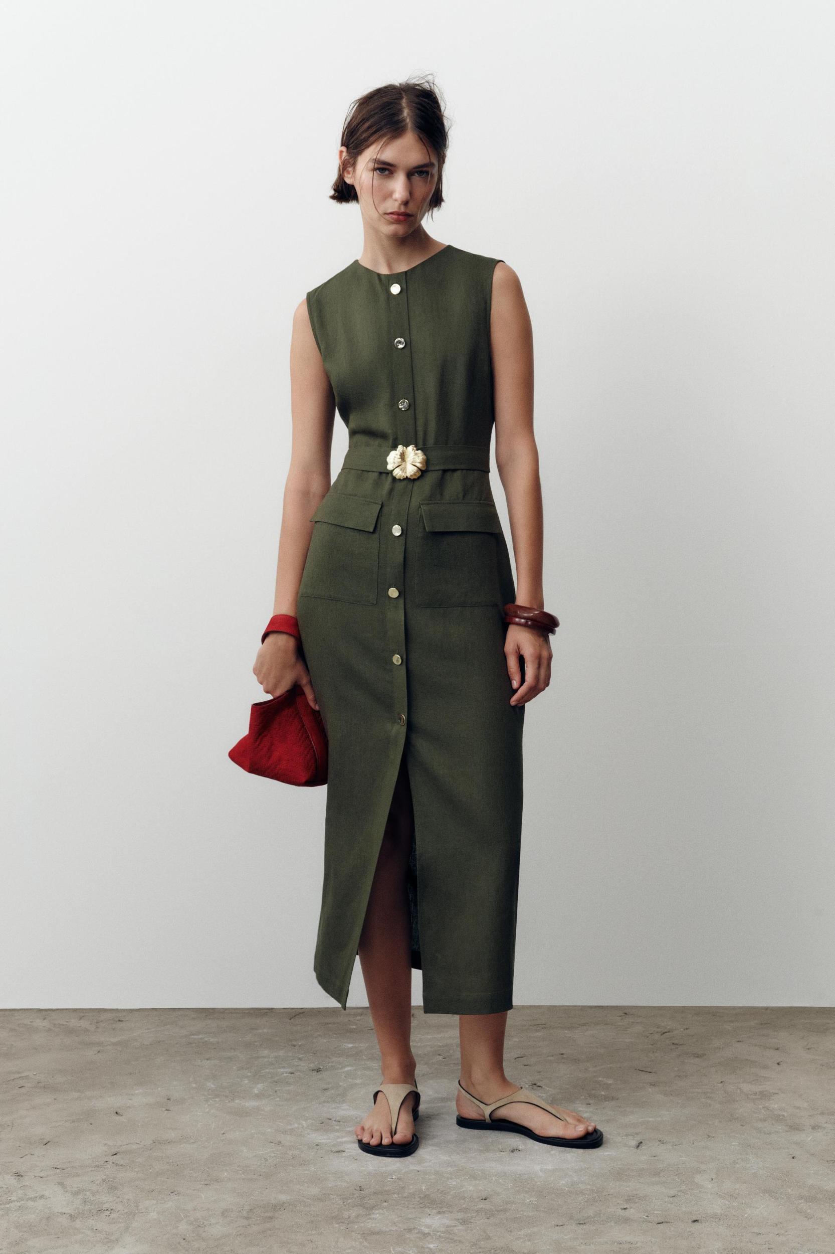 LINEN BELTED MIDI DRESS Product Image