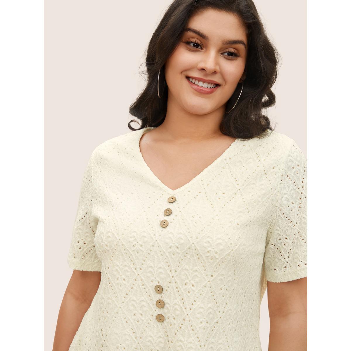 Plus Size Solid Plisse V Neck Button Detail T-shirt White Women Casual Texture Plain V-neck Everyday T-shirts BloomChic 10/M Product Image