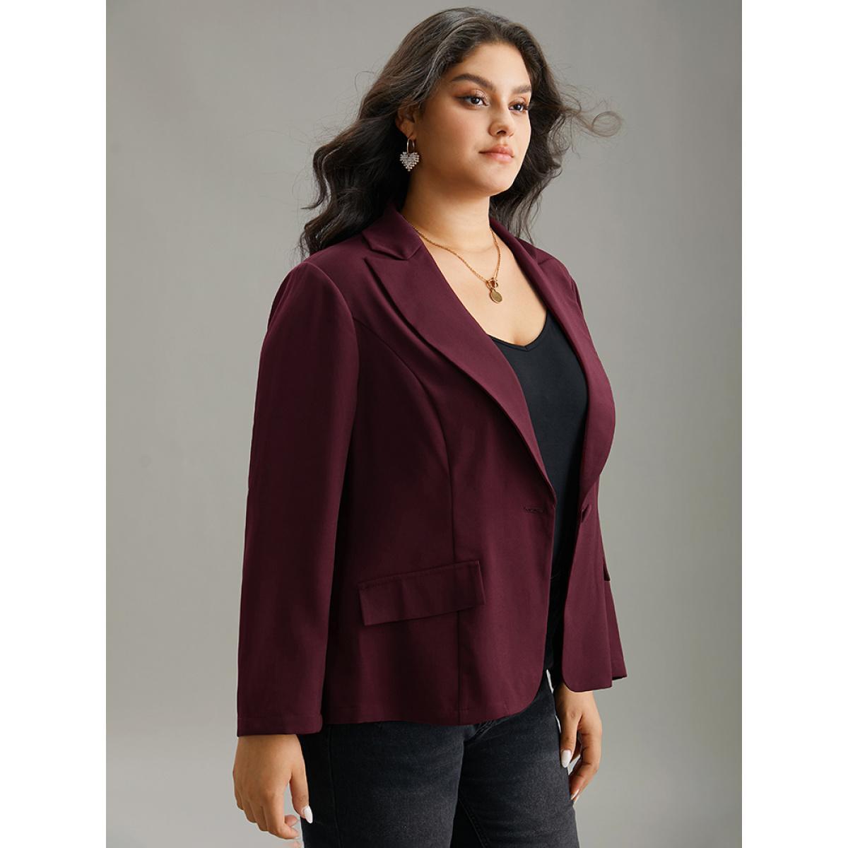 Plus Size Lapel Collar Plain Twill Button Up Blazer Burgundy Women Dailywear Plain Plain Sleeve Long Sleeve Lapel Collar 30/6X Elegant Blazers BloomChic Product Image