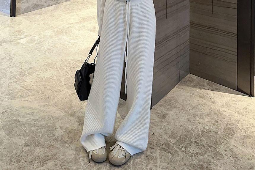 Long-Sleeve Hooded Plain Zip Cardigan / Mid Rise Plain Wide Leg Pants Product Image