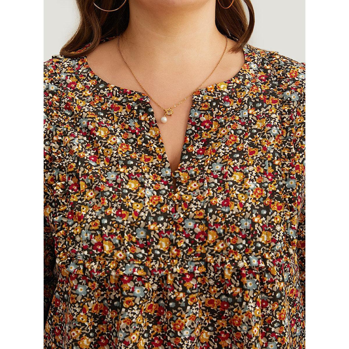 Plus Size Multicolor Ditsy Floral Notched Frill Trim Blouse Women Elegant Long Sleeve Notched collar Dailywear Blouses BloomChic 22-24/3X Product Image